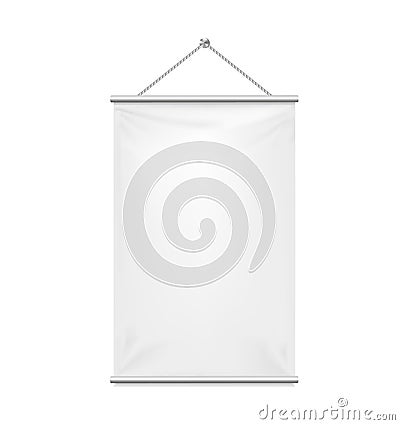 Empty textile banner mockup. Vector 3d realistic. White template hanging on a rope. Rectangular vertical blank for branding and ad Vector Illustration