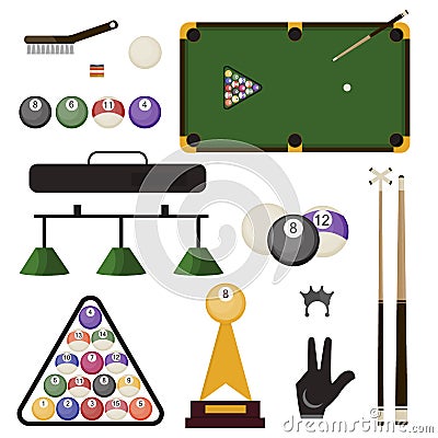 Billiard accessories icons set snooker cue sports equipment vector illustration. Vector Illustration