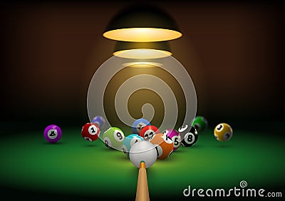 Billiard background with realistic cue hit gaming balls. Billiard room with green table and lights. Snooker or pool Vector Illustration