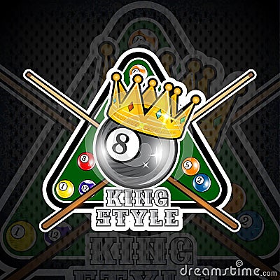 Billiard ball with crown and pyramyd gren table with crossed cues. Sport logo for any team Vector Illustration