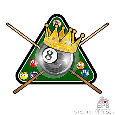 Billiard ball with crown and pyramyd gren table with crossed cues on whit. Sport logo for any team Vector Illustration