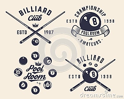 Billiard, 8-ball logo set. 4 billiard related labels, badges, emblems. Vector Illustration