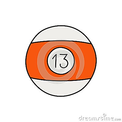 Billiard ball. Sport equipment sketch. Number 13. Hand drawn doodle icon. Vector freehand fitness illustration Vector Illustration