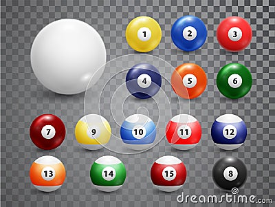 Billiard balls, american pool accessory set. Realistic balls on transparent background. Vector design elements Vector Illustration