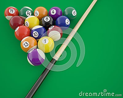 Billiard balls with cue on a green table Cartoon Illustration