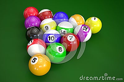 Billiard balls on green background Stock Photo