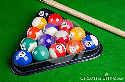 Billiard balls on green table with billiard cue, Snooker, Pool. Stock Photo