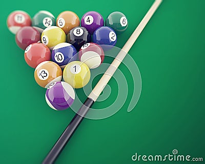 Billiard balls on the green table, with cue. 3d illustration Cartoon Illustration