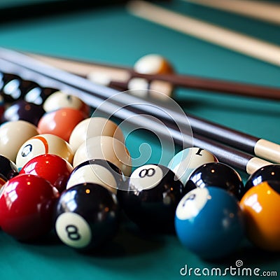 Billiard balls on green billiard table with shallow depth of field Stock Photo