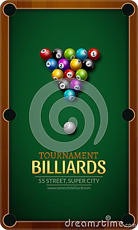 Billiard balls on table vector. Billiard game sport competition leisure illustration poster Vector Illustration