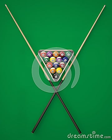 Billiard balls in a triangle with cues on green billiard table. Cartoon Illustration