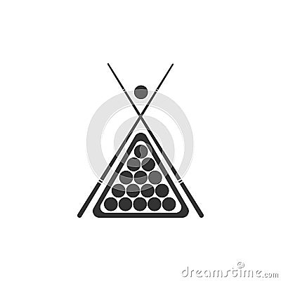 Billiard cue and balls in a rack triangle icon isolated. Flat design Vector Illustration