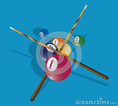 Billiard cue and pool balls on green table Vector Illustration