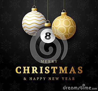 Billiard Merry Christmas and Happy New Year luxury Sports greeting card. pool 8 ball as a Christmas ball on background. Vector Vector Illustration