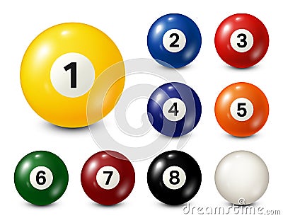 Billiard, pool balls with numbers collection. Realistic glossy snooker ball. White background. Vector illustration. Vector Illustration