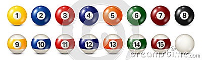 Billiard, pool balls with numbers collection. Realistic glossy snooker ball. White background. Vector illustration. Vector Illustration