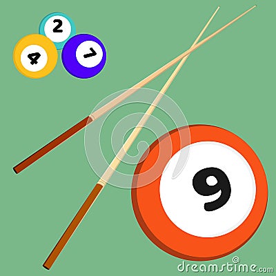 Billiard snooker elements balls with numbers and sticks. Colored vector illustration set Vector Illustration