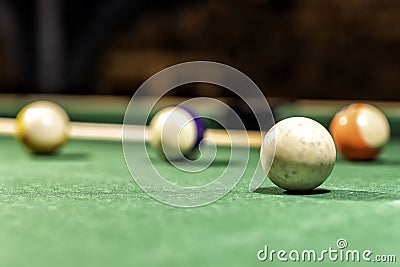 billiard table in an old castle with billiard balls Stock Photo