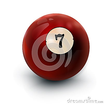 Billiards Ball Red 3D Realistic icon, seven. Sphere and Soft Shadows. Abstract Luck Symbol Template on white Background. Vector Vector Illustration