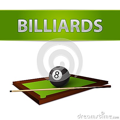 Billiards ball with stick on green table emblem Vector Illustration