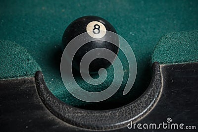 Billiards balls and cue on billiards table. Billiard sport concept Stock Photo