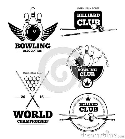 Billiards emblems and bowling vector labels, emblem badges set Vector Illustration