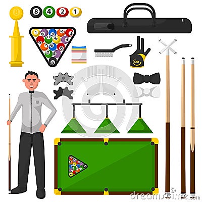 Billiards flat illustration. Billiardist with game equipment. Vector Illustration