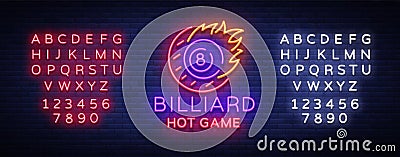 Billiards neon sign. Billiard Hot game logo in neon style, light banner, design template emblem night billiard, bright Vector Illustration
