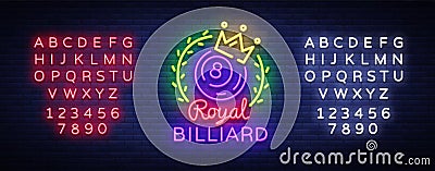 Billiards neon sign. Royal Billiards logo in neon style, light banner, design template emblem night billiard, bright Vector Illustration