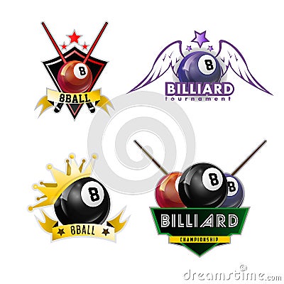 Billiards, pool and snooker sport logos set Vector Illustration