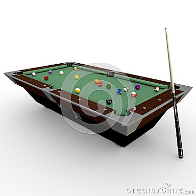 Billiards pooltable with balls,chalk and cuestick Stock Photo