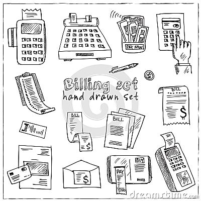 Billing hand drawn doodle set. Isolated elements on white background. Symbol collection. Vector Illustration