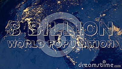 8 billion world population on map at night. Elements of this image furnished by NASA. Stock Photo