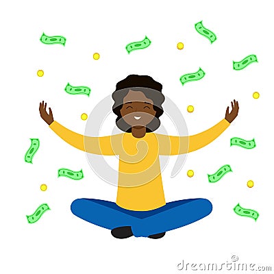Bills and coins are swirling over the man`s head. Happy woman catches falling money. Make a fortune Vector Illustration