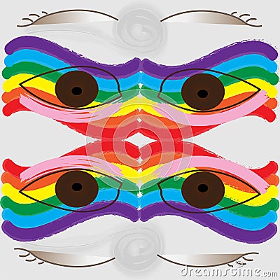 Wide open brown eyes on colors of rainbow LGBT theme Vector Illustration