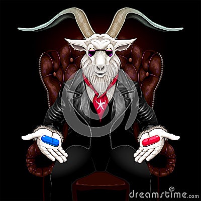 The billy goat is offering the blue and red pills Vector Illustration