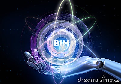 BIM Building Information Modeling Illustrated with a Robot Hand Pressing a Button on a Virtual Screen. 3D render Stock Photo