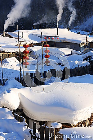 The bimodal forest farm in heilongjiang province - Snow Village Stock Photo