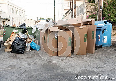 Bin, garbage is pile lots dump, many garbage plastic bags black waste at walkway community village, pollution from trash plastic w Editorial Stock Photo