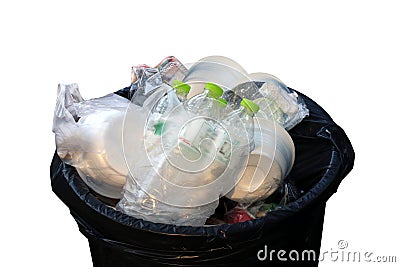 Bin, junk, trash bag, Trash Plastic Bottles and Foam tray in Trash top view closeup, Waste Plastic Garbage Stock Photo