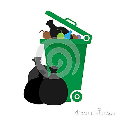 Bin, plastic bin green of waste and plastic bag isolated on white background, dumpster recycle illustration, dustbin plastic Vector Illustration