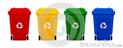 Bin plastic, four colorful recycle bins isolated on white background, red, yellow, green and blue bins with recycle waste symbol Vector Illustration