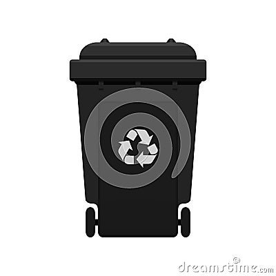 Bin, Recycle plastic black wheelie bin for waste isolated on white background, Black bin with recycle waste symbol, Front view Vector Illustration