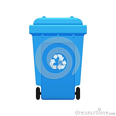 Bin, Recycle plastic blue wheelie bin for waste isolated on white background, Blue bin with recycle waste symbol, Front view Vector Illustration