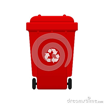 Bin, Recycle plastic red wheelie bin for waste isolated on white background, Red bin with recycle waste symbol, Front view Vector Illustration