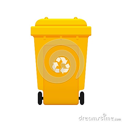 Bin, Recycle plastic yellow wheelie bin for waste isolated on white background, Yellow bin with recycle waste symbol, Front view Vector Illustration