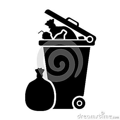 Bin, wheelie bin and waste icon black isolated on white background, clip art of dustbin garbage full, trash bin flat for Vector Illustration