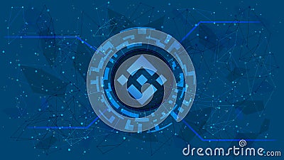 Binance Coin token symbol, BNB coin icon, in a digital circle with a cryptocurrency theme on a blue background. Vector Illustration