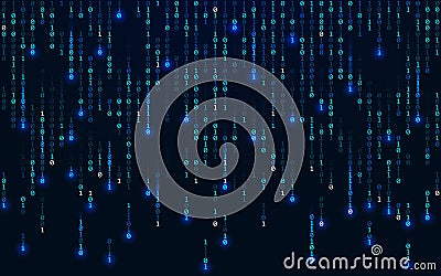 Binary background. Matrix concept. Falling digits on dark backdrop. Running bright numbers with lights. Abstract binary Vector Illustration