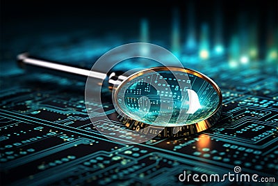 Binary code and biometrics authentication technology analyzed under a magnifying glass Stock Photo